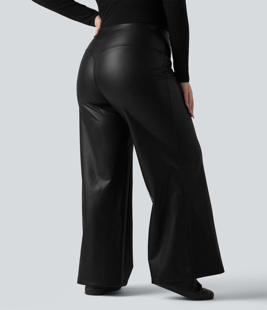 High Waisted Tummy Control Stretchy PU Fleece Casual Plus Size Flare Trousers with Pockets — Black — view 2