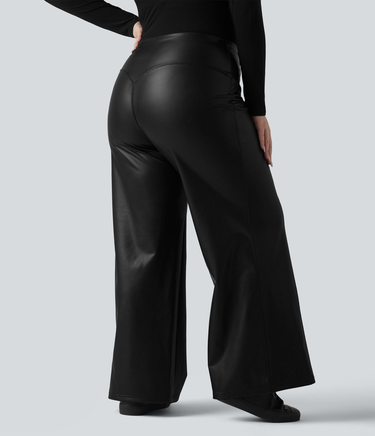 High Waisted Tummy Control Stretchy PU Fleece Casual Plus Size Flare Trousers with Pockets — Black — view 2
