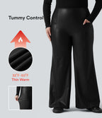 High Waisted Tummy Control Stretchy PU Fleece Casual Plus Size Flare Trousers with Pockets — Black — view 1