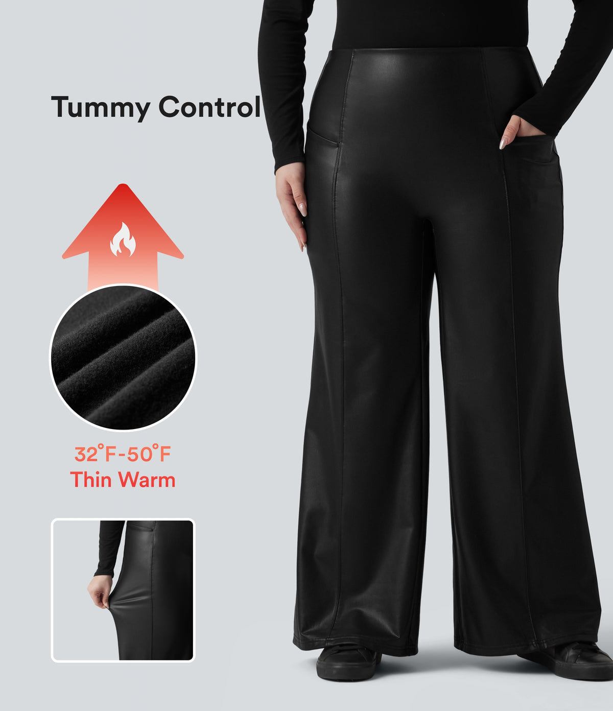 High Waisted Tummy Control Stretchy PU Fleece Casual Plus Size Flare Trousers with Pockets — Black — view 1