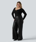High Waisted Tummy Control Stretchy PU Fleece Casual Plus Size Flare Trousers with Pockets — Black — view 7