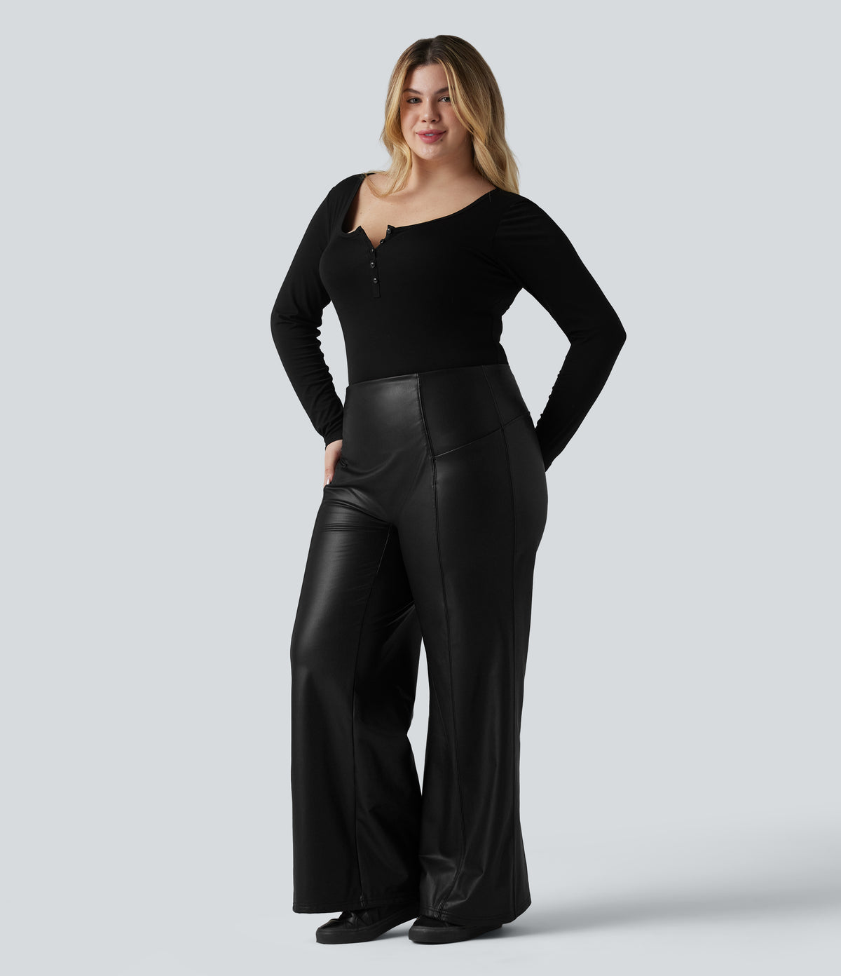 High Waisted Tummy Control Stretchy PU Fleece Casual Plus Size Flare Trousers with Pockets — Black — view 7