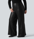 High Waisted Tummy Control Stretchy PU Fleece Casual Plus Size Flare Trousers with Pockets — Black — view 3