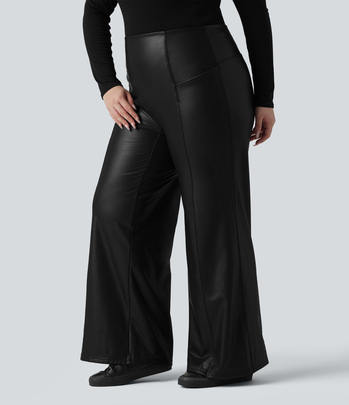 High Waisted Tummy Control Stretchy PU Fleece Casual Plus Size Flare Trousers with Pockets — Black — view 3