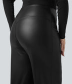High Waisted Tummy Control Stretchy PU Fleece Casual Plus Size Flare Trousers with Pockets — Black — view 5
