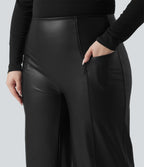 High Waisted Tummy Control Stretchy PU Fleece Casual Plus Size Flare Trousers with Pockets — Black — view 4