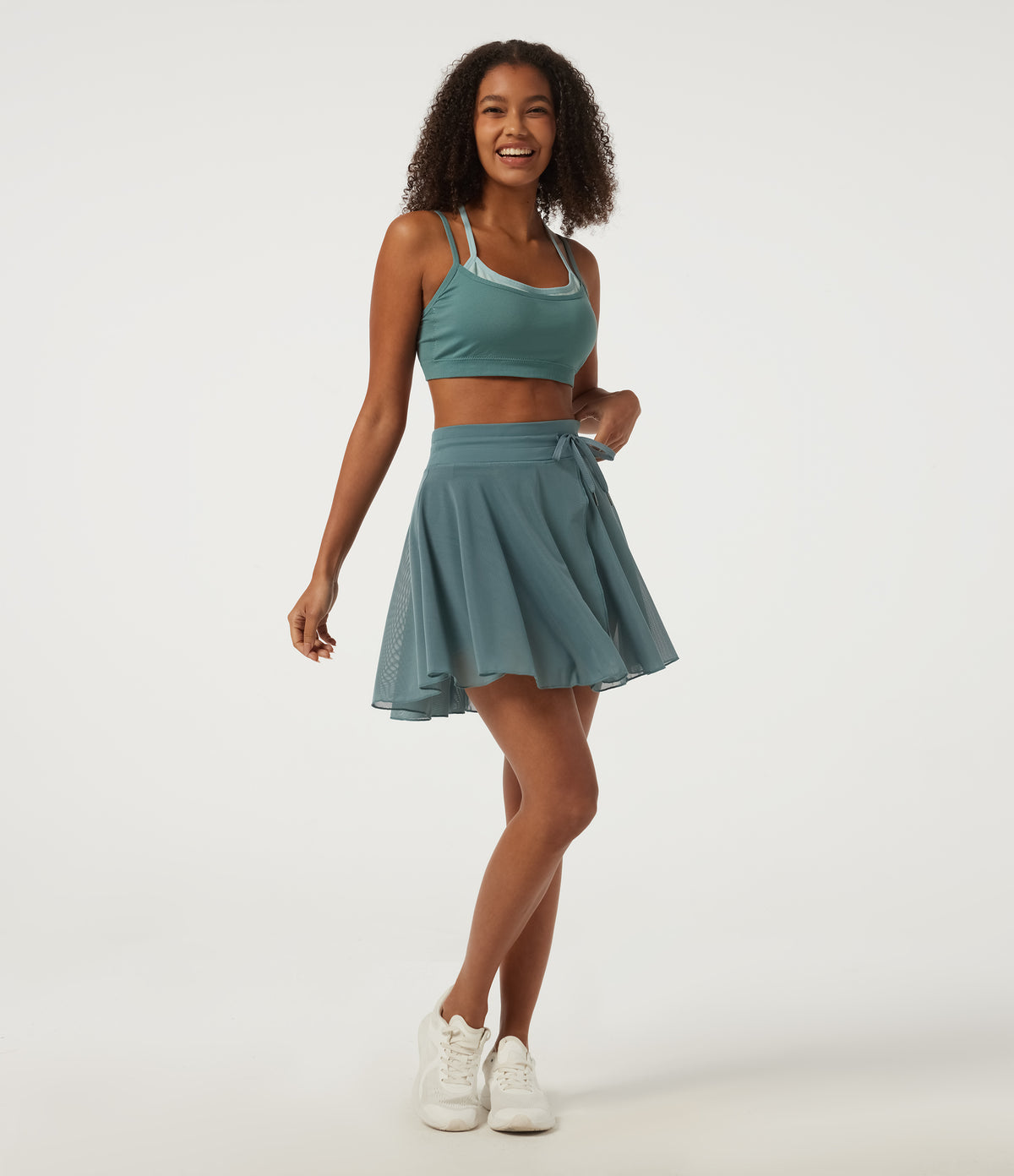 High Waisted Drawstring Contrast Mesh 2-in-1 Pocket Flowy Mini Flare Casual Skirt-Longer Length — Mineral Blue — view 5