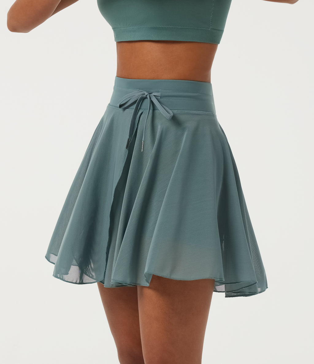 High Waisted Drawstring Contrast Mesh 2-in-1 Pocket Flowy Mini Flare Casual Skirt-Longer Length — Mineral Blue — view 3