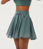 High Waisted Drawstring Contrast Mesh 2-in-1 Pocket Flowy Mini Flare Casual Skirt-Longer Length — Mineral Blue — view 3