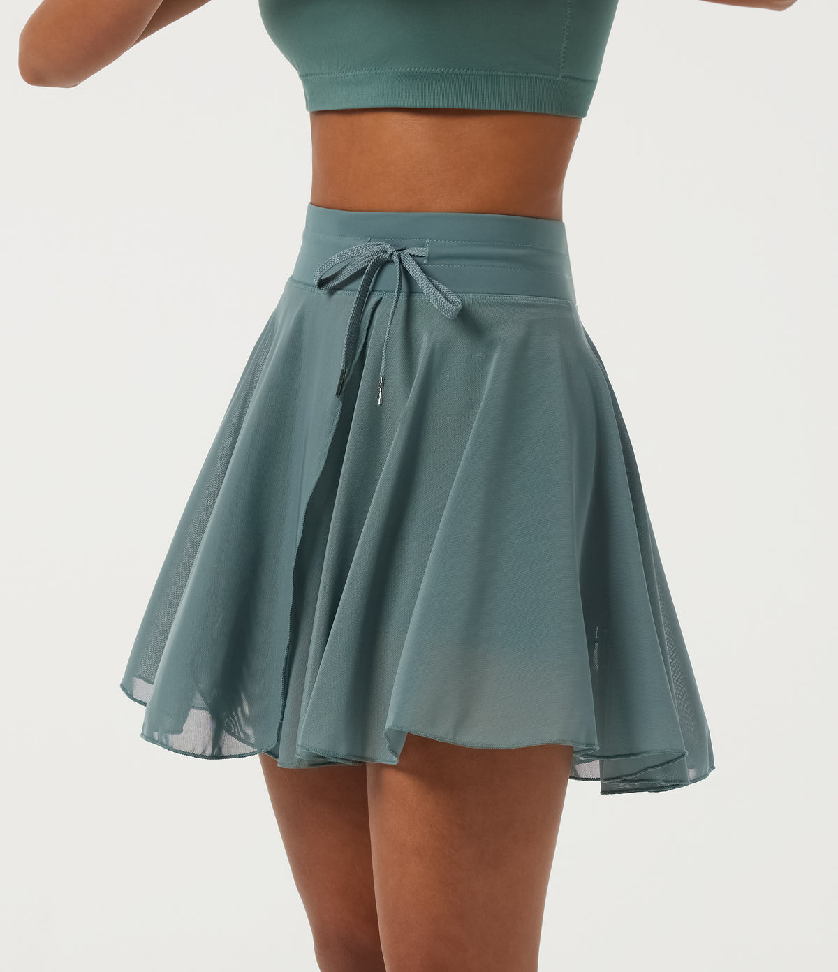 High Waisted Drawstring Contrast Mesh 2-in-1 Pocket Flowy Mini Flare Casual Skirt-Longer Length — Mineral Blue — view 3