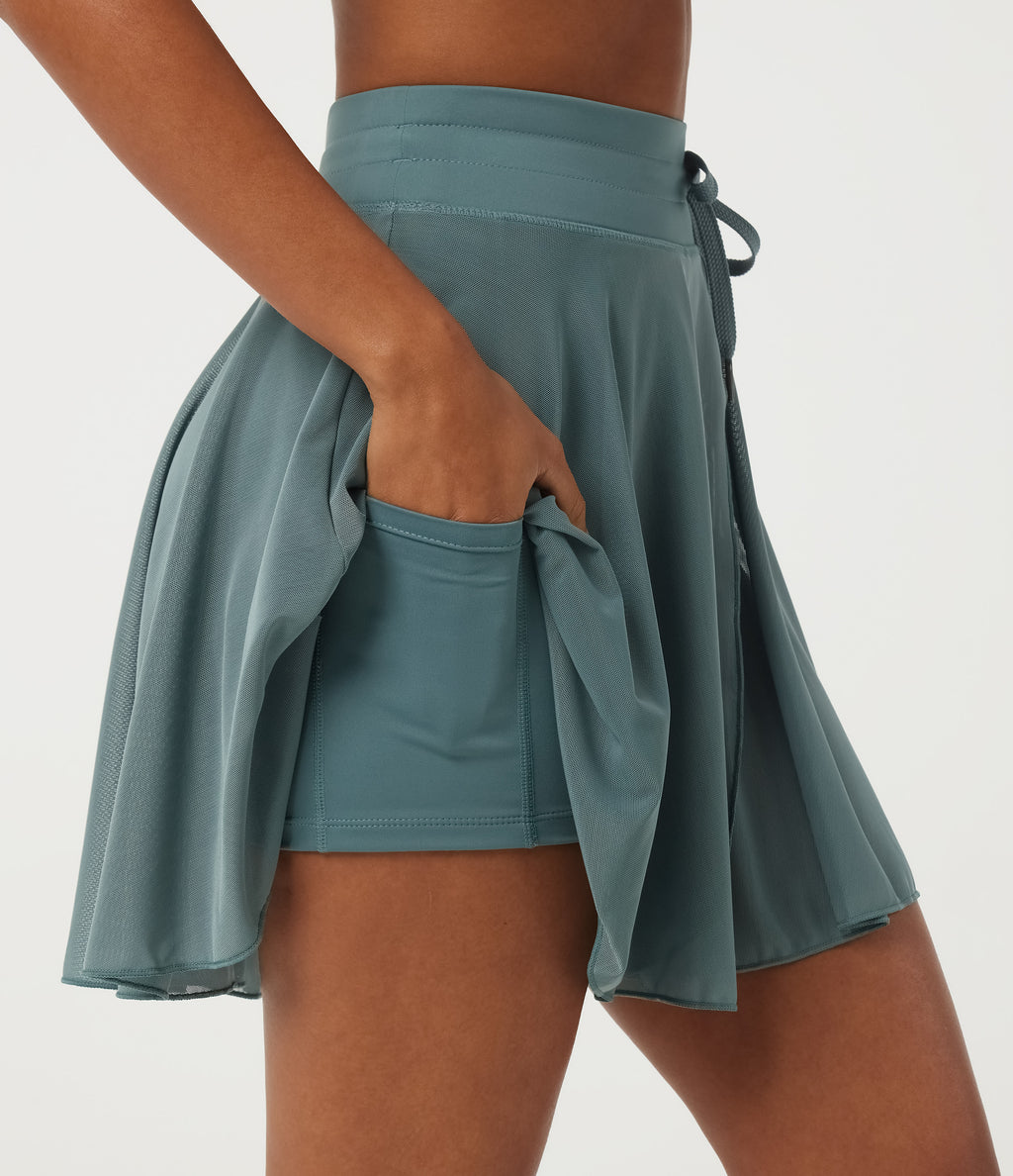 High Waisted Drawstring Contrast Mesh 2-in-1 Pocket Flowy Mini Flare Casual Skirt-Longer Length — Mineral Blue — view 4