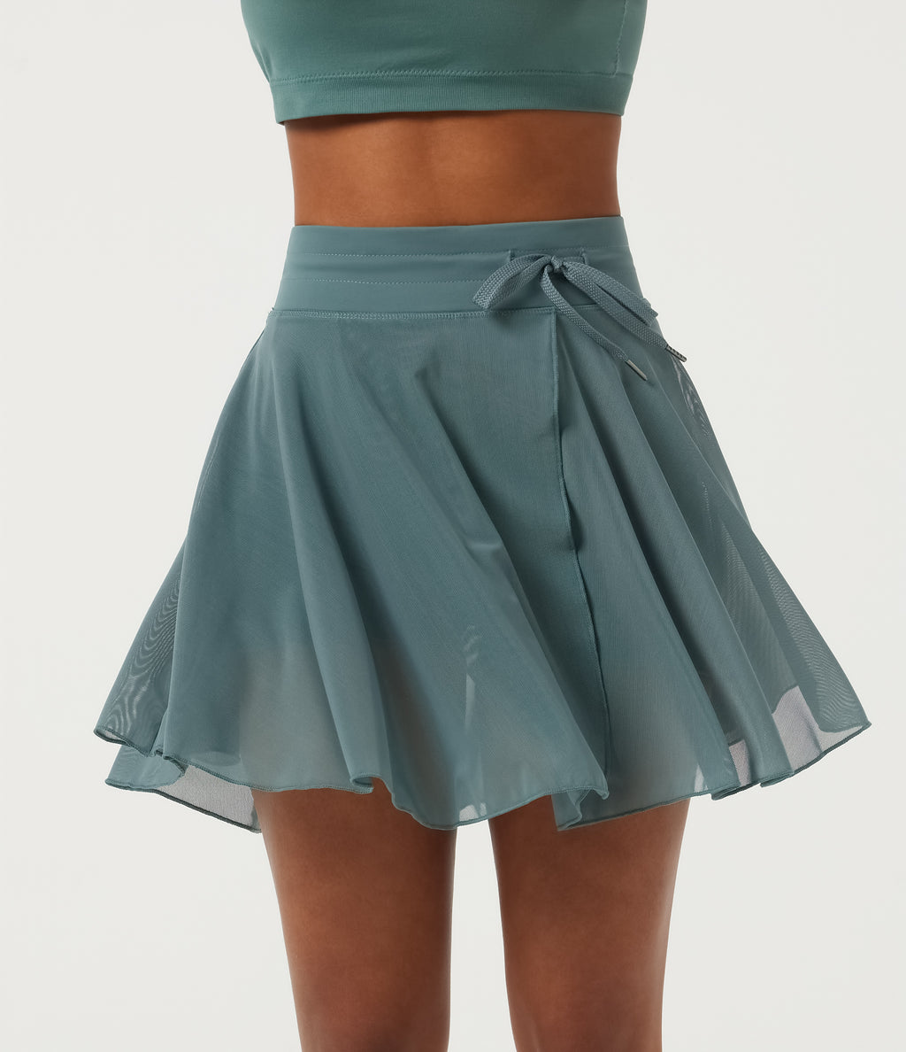 High Waisted Drawstring Contrast Mesh 2-in-1 Pocket Flowy Mini Flare Casual Skirt-Longer Length — Mineral Blue — view 1