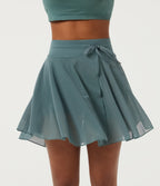 High Waisted Drawstring Contrast Mesh 2-in-1 Pocket Flowy Mini Flare Casual Skirt-Longer Length — Mineral Blue — view 1