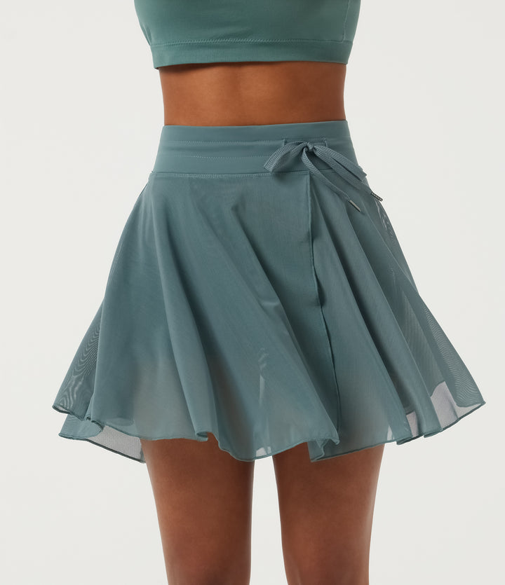 High Waisted Drawstring Contrast Mesh 2-in-1 Pocket Flowy Mini Flare Casual Skirt-Longer Length — Mineral Blue — view 1