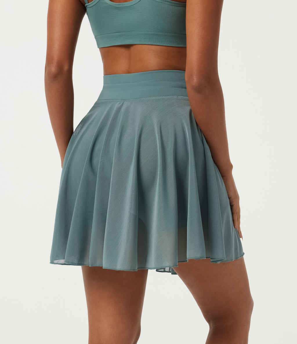 High Waisted Drawstring Contrast Mesh 2-in-1 Pocket Flowy Mini Flare Casual Skirt-Longer Length — Mineral Blue — view 2