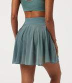 High Waisted Drawstring Contrast Mesh 2-in-1 Pocket Flowy Mini Flare Casual Skirt-Longer Length — Mineral Blue — view 2