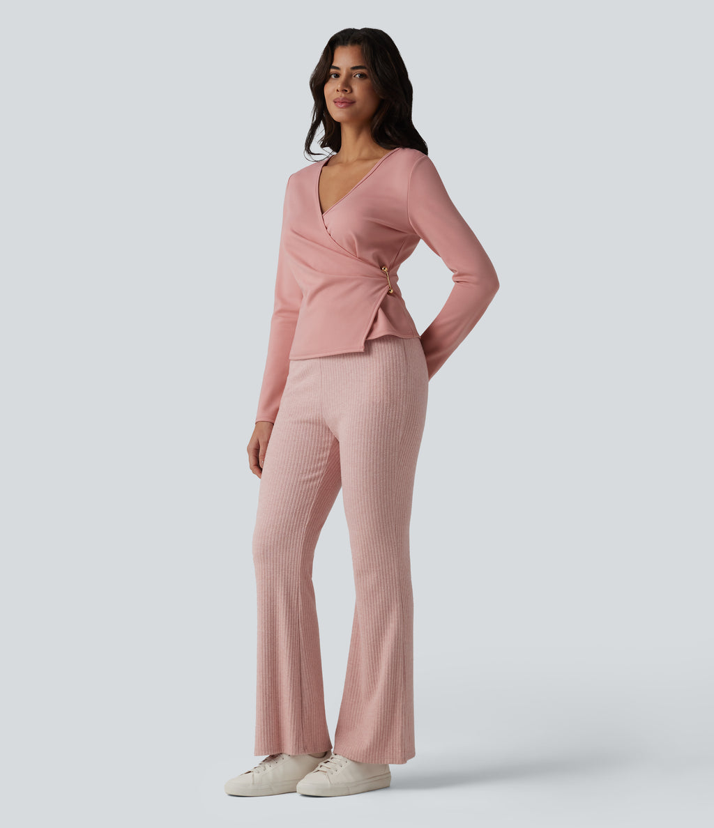 V-neck Long Sleeve Wrap Casual Top — Peach Blossom Pink — view 5