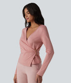 V-neck Long Sleeve Wrap Casual Top — Peach Blossom Pink — view 3