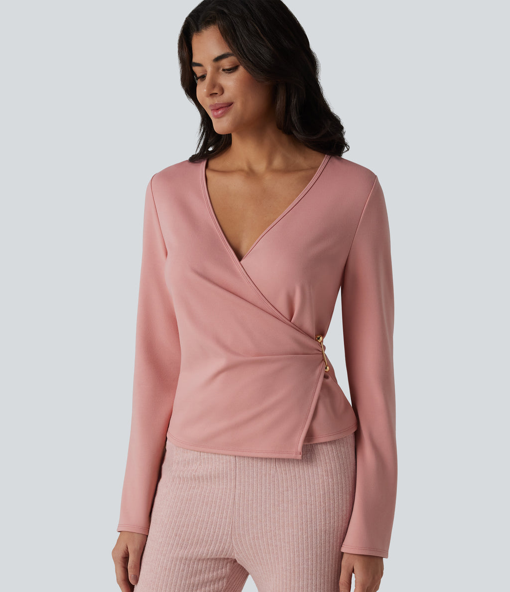 V-neck Long Sleeve Wrap Casual Top — Peach Blossom Pink — view 1