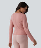 V-neck Long Sleeve Wrap Casual Top — Peach Blossom Pink — view 2