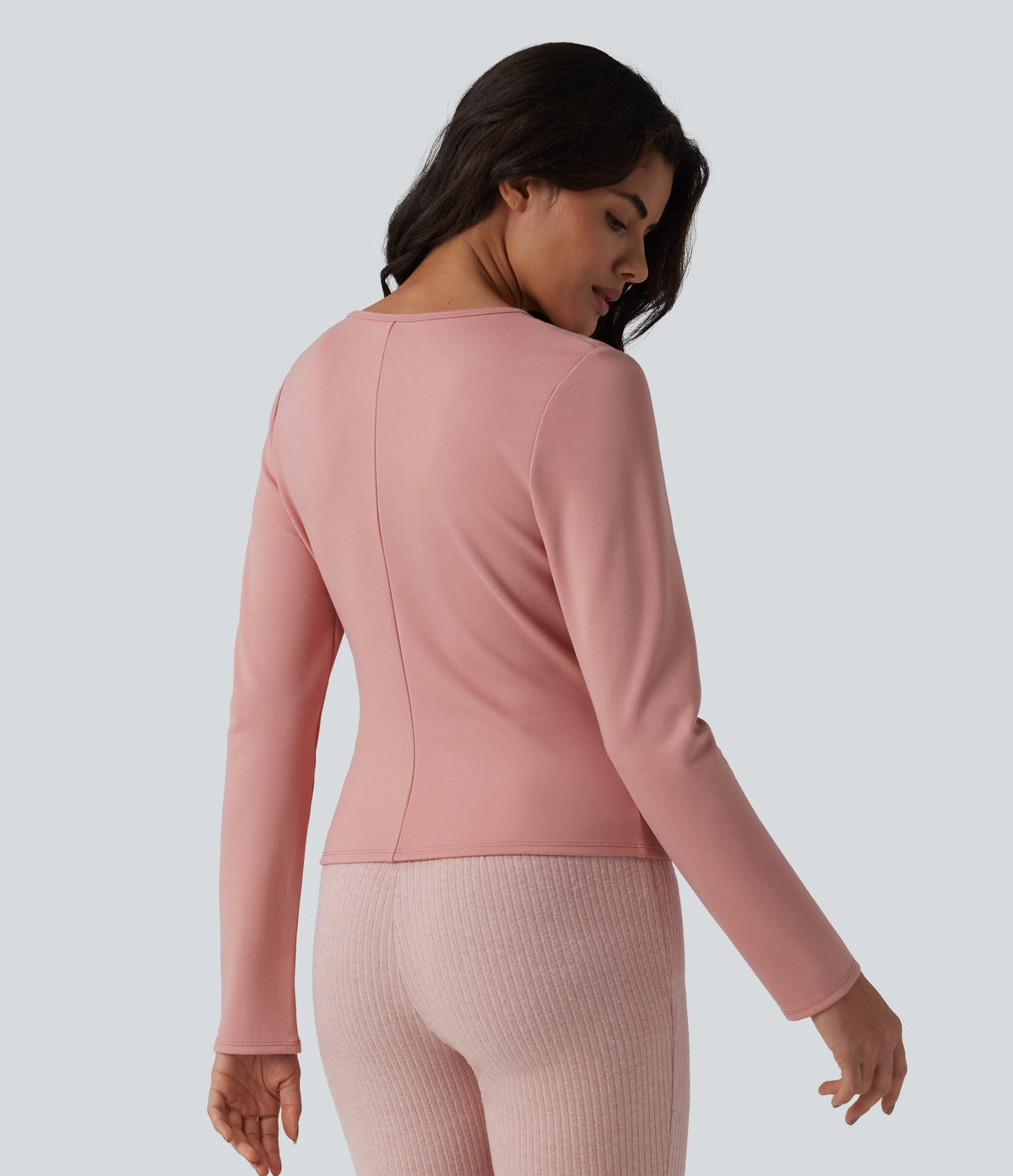 V-neck Long Sleeve Wrap Casual Top — Peach Blossom Pink — view 2
