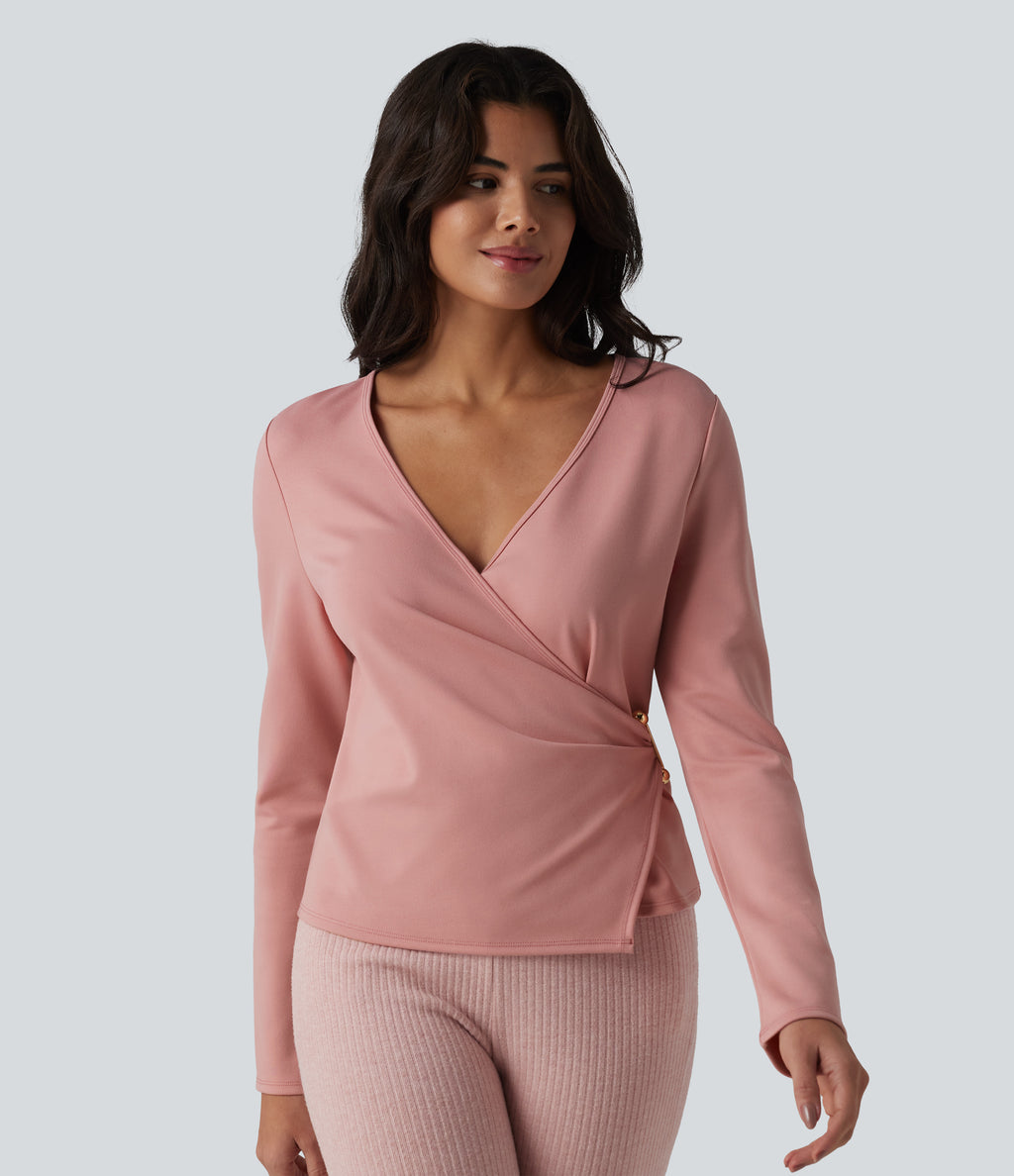 V-neck Long Sleeve Wrap Casual Top — Peach Blossom Pink — view 4