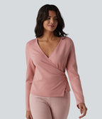V-neck Long Sleeve Wrap Casual Top — Peach Blossom Pink — view 4