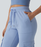 Airy Mid Rise Drawstring InstantCool Workout Cargo Trousers with Pockets-UPF50+ — Chambray Blue — view 4