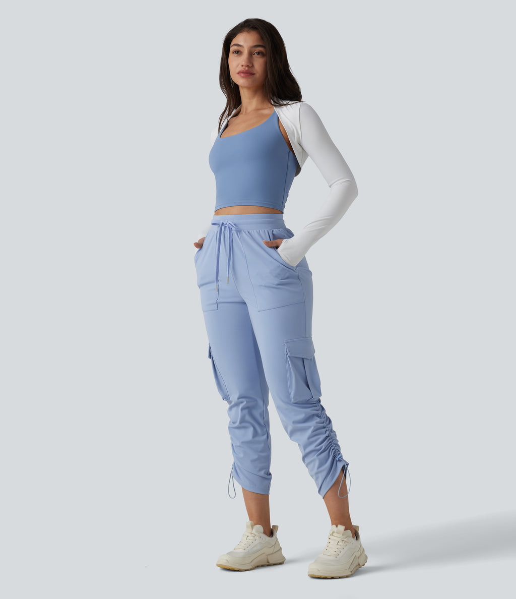 Airy Mid Rise Drawstring InstantCool Workout Cargo Trousers with Pockets-UPF50+ — Chambray Blue — view 7