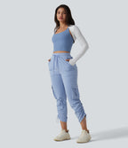 Airy Mid Rise Drawstring InstantCool Workout Cargo Trousers with Pockets-UPF50+ — Chambray Blue — view 7