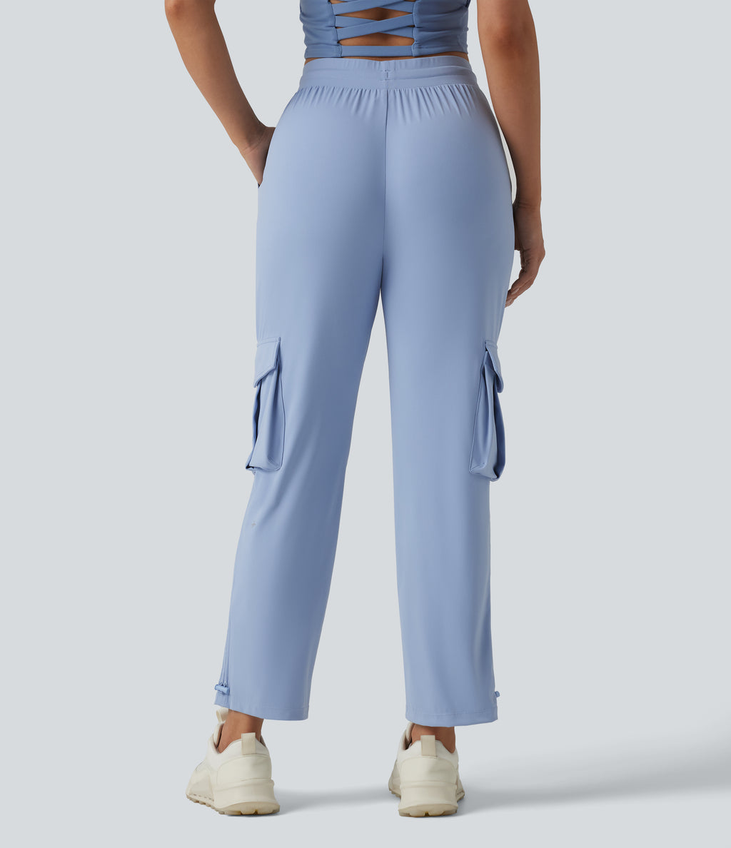 Airy Mid Rise Drawstring InstantCool Workout Cargo Trousers with Pockets-UPF50+ — Chambray Blue — view 2