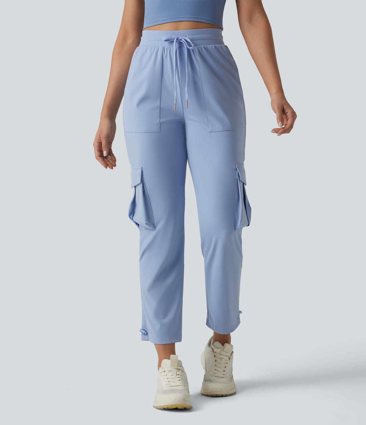 Airy Mid Rise Drawstring InstantCool Workout Cargo Trousers with Pockets-UPF50+ — Chambray Blue — view 3