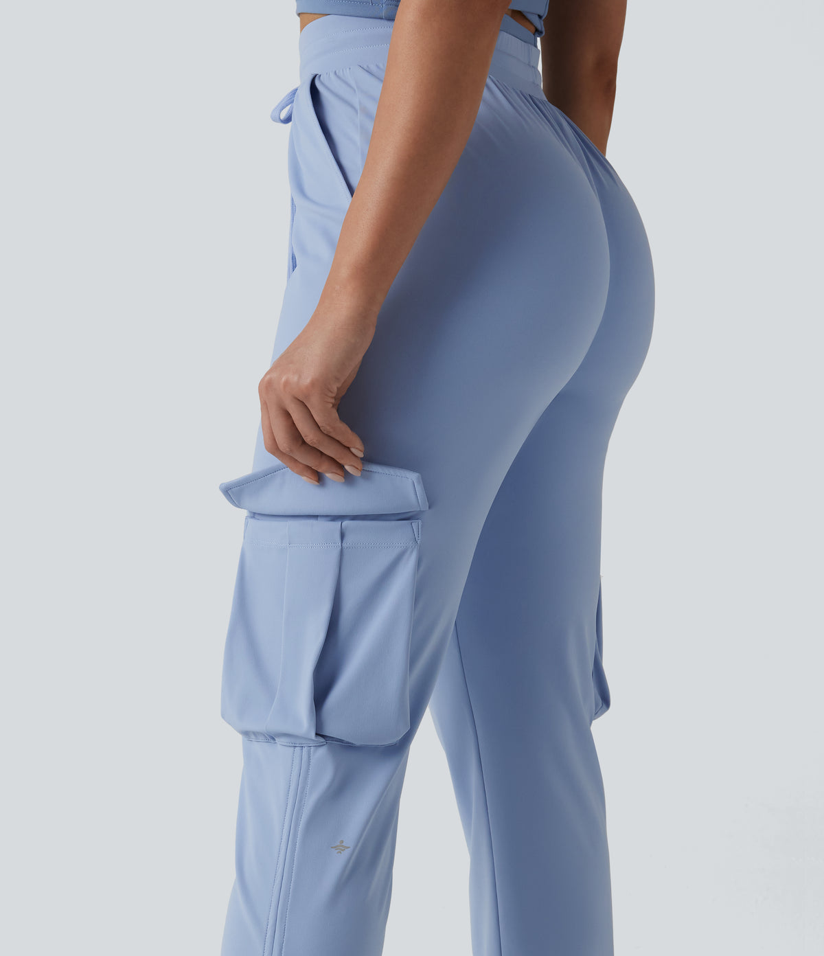 Airy Mid Rise Drawstring InstantCool Workout Cargo Trousers with Pockets-UPF50+ — Chambray Blue — view 5