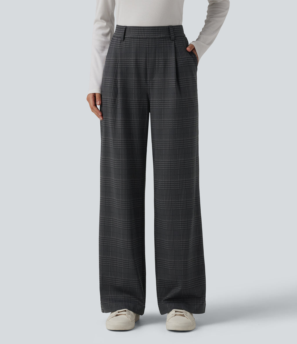 High Waisted Straight Leg Plaid Work Trousers with Pockets — Shade Check — view 1
