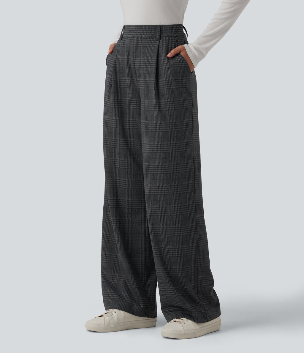 High Waisted Straight Leg Plaid Work Trousers with Pockets — Shade Check — view 3
