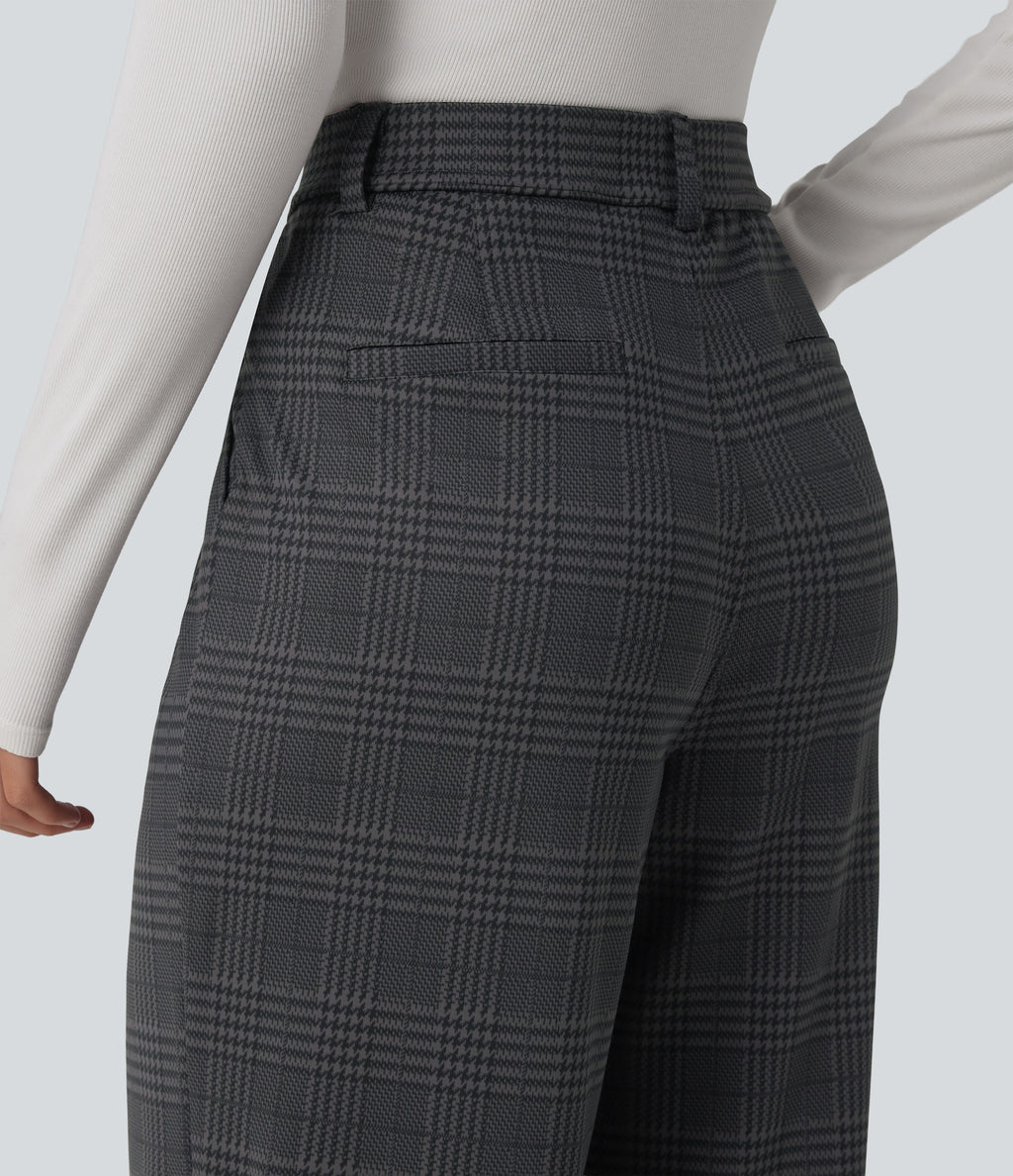 High Waisted Straight Leg Plaid Work Trousers with Pockets — Shade Check — view 4