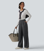 High Waisted Straight Leg Plaid Work Trousers with Pockets — Shade Check — view 6