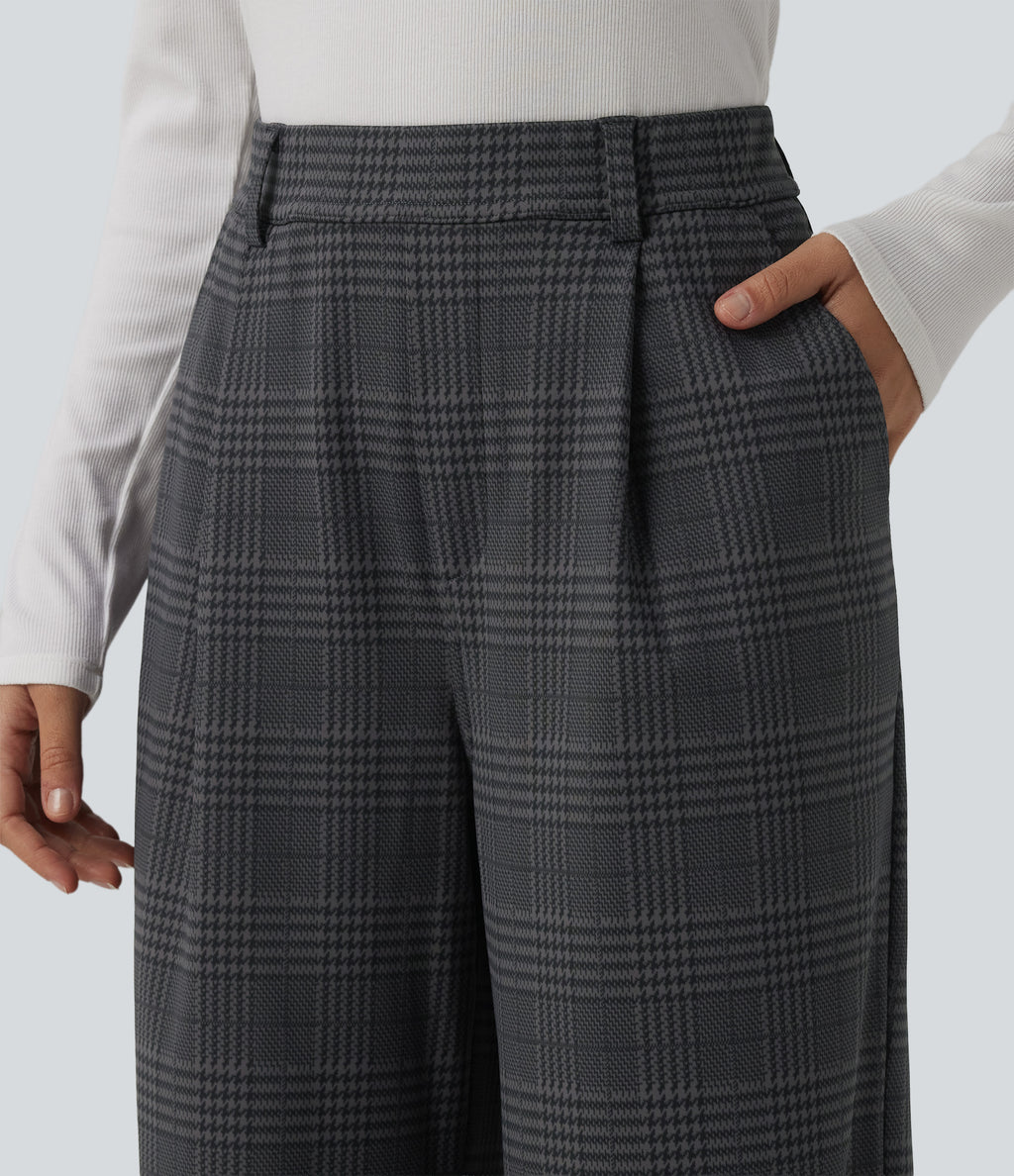 High Waisted Straight Leg Plaid Work Trousers with Pockets — Shade Check — view 5
