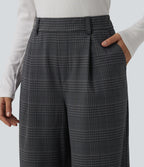 High Waisted Straight Leg Plaid Work Trousers with Pockets — Shade Check — view 5