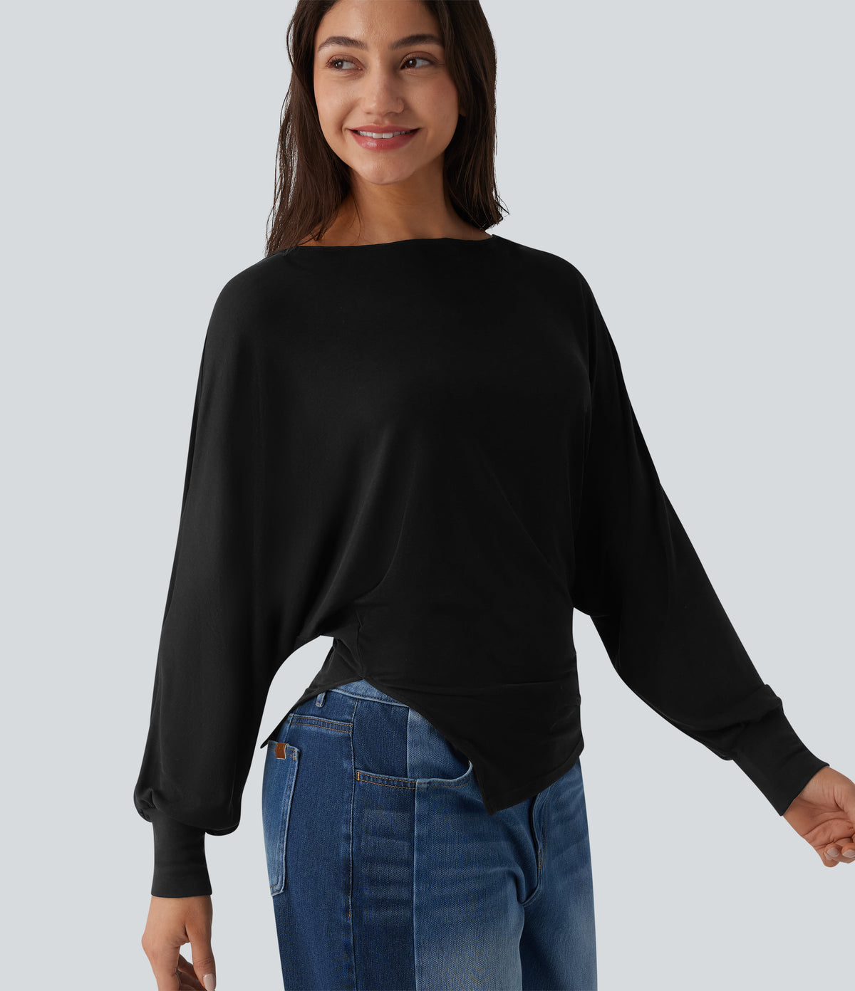 Ribbed Knit Boat Neck Batwing Long Sleeve Split Ruched Hem Casual Top — Black — view 6