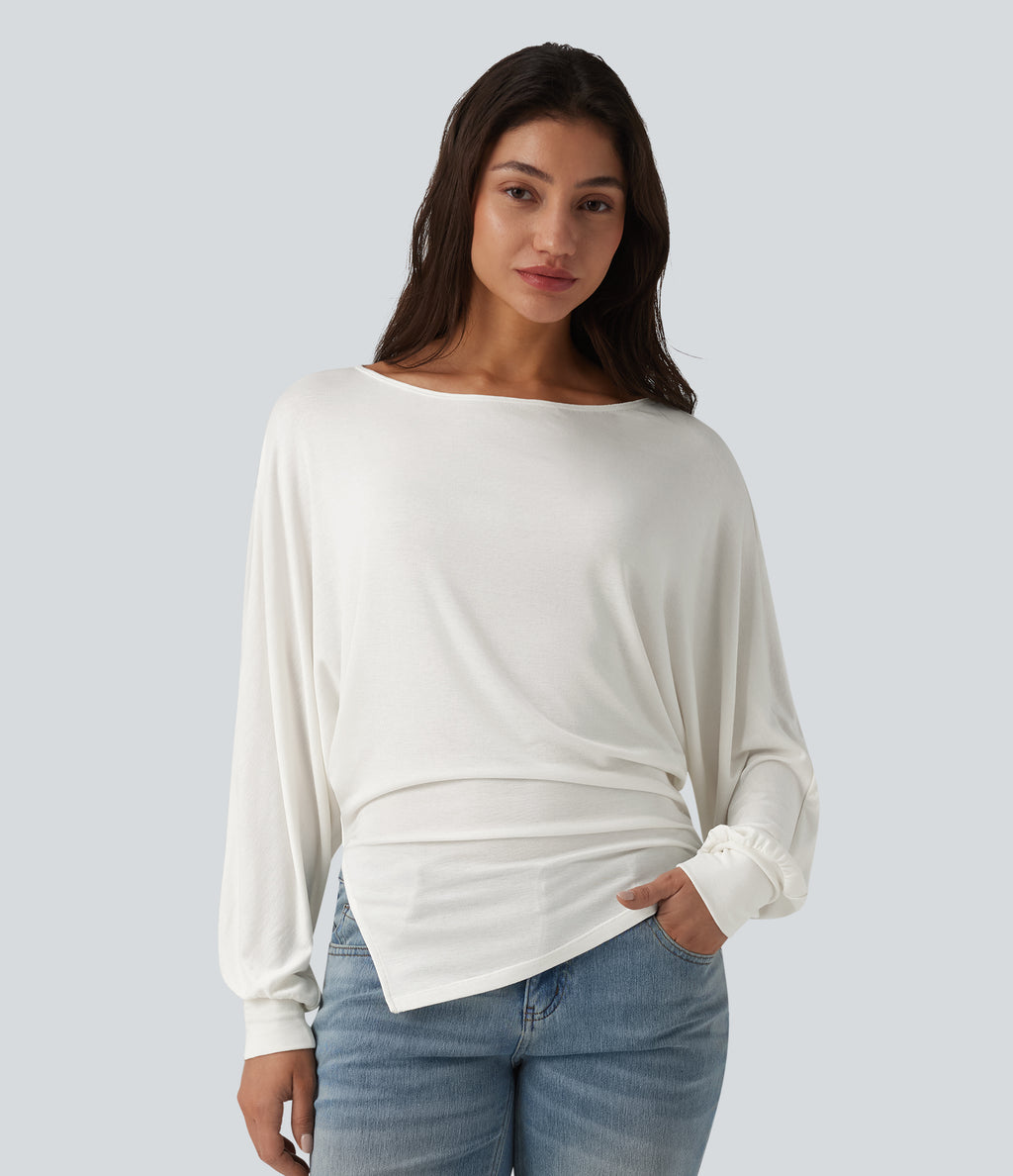 Ribbed Knit Boat Neck Batwing Long Sleeve Split Ruched Hem Casual Top — Frost White — view 3