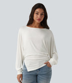 Ribbed Knit Boat Neck Batwing Long Sleeve Split Ruched Hem Casual Top — Frost White — view 3