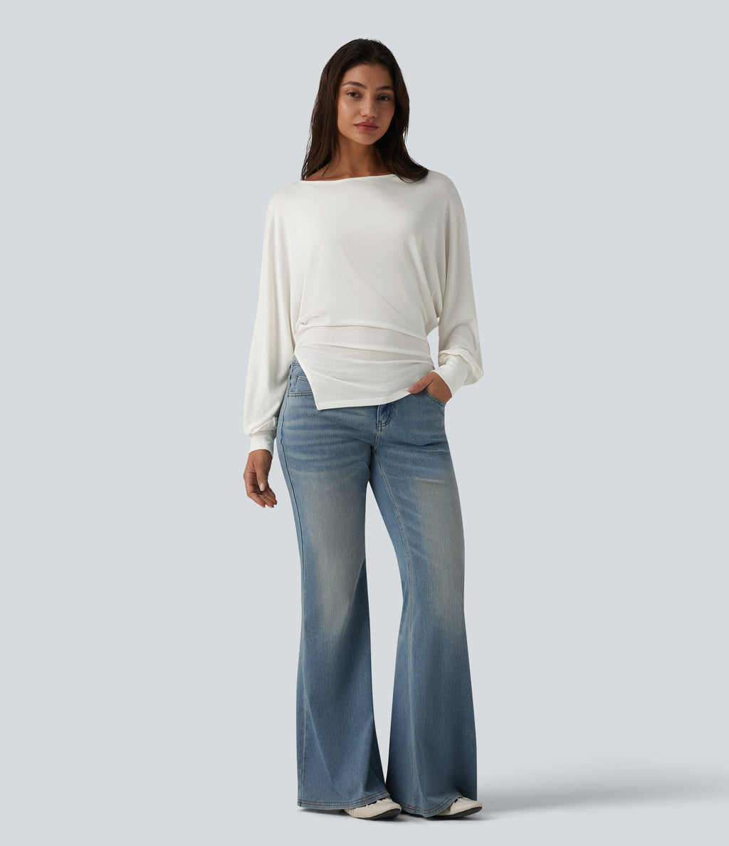 Ribbed Knit Boat Neck Batwing Long Sleeve Split Ruched Hem Casual Top — Frost White — view 5