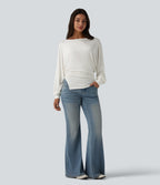 Ribbed Knit Boat Neck Batwing Long Sleeve Split Ruched Hem Casual Top — Frost White — view 5