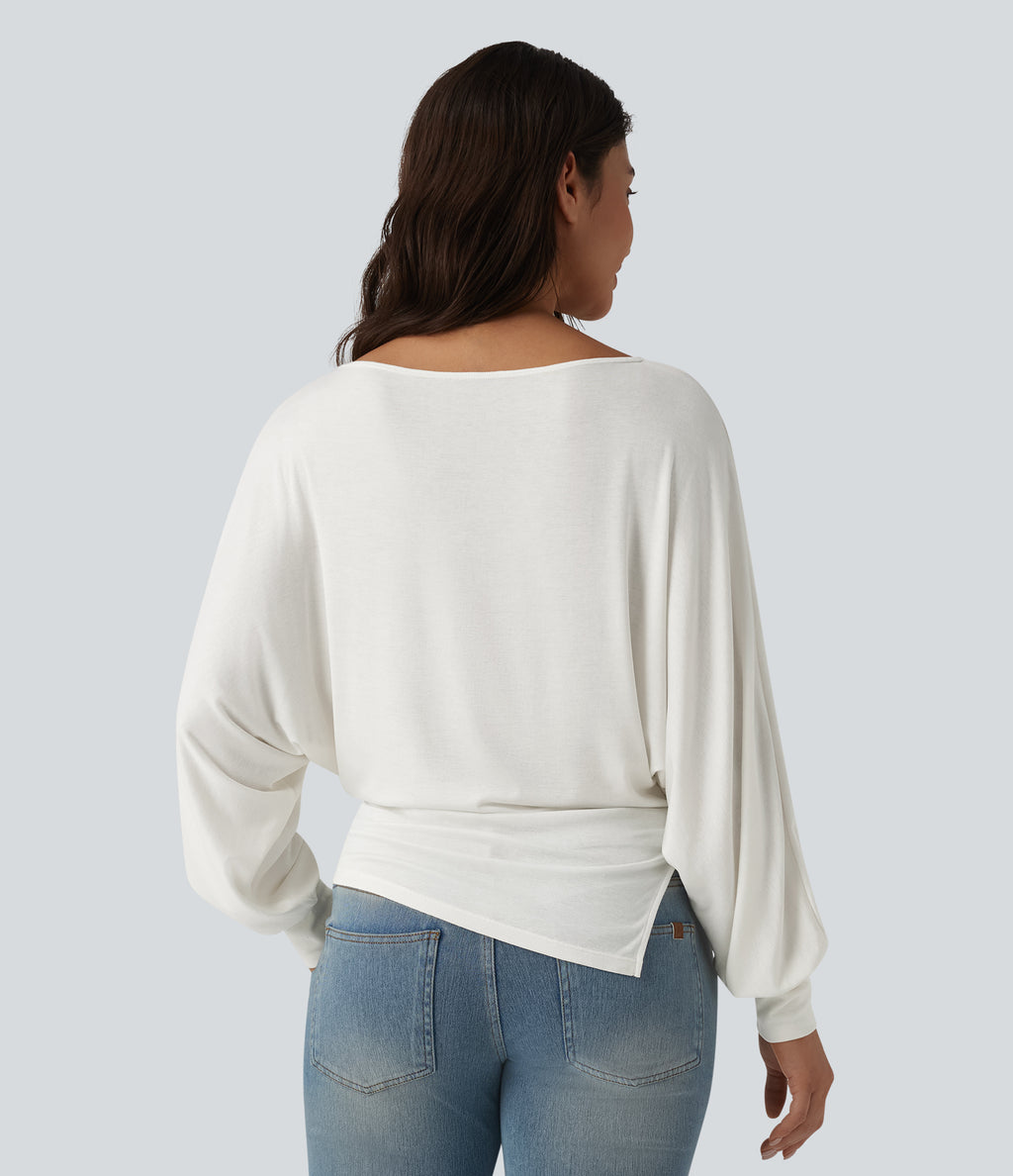 Ribbed Knit Boat Neck Batwing Long Sleeve Split Ruched Hem Casual Top — Frost White — view 2