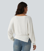 Ribbed Knit Boat Neck Batwing Long Sleeve Split Ruched Hem Casual Top — Frost White — view 2
