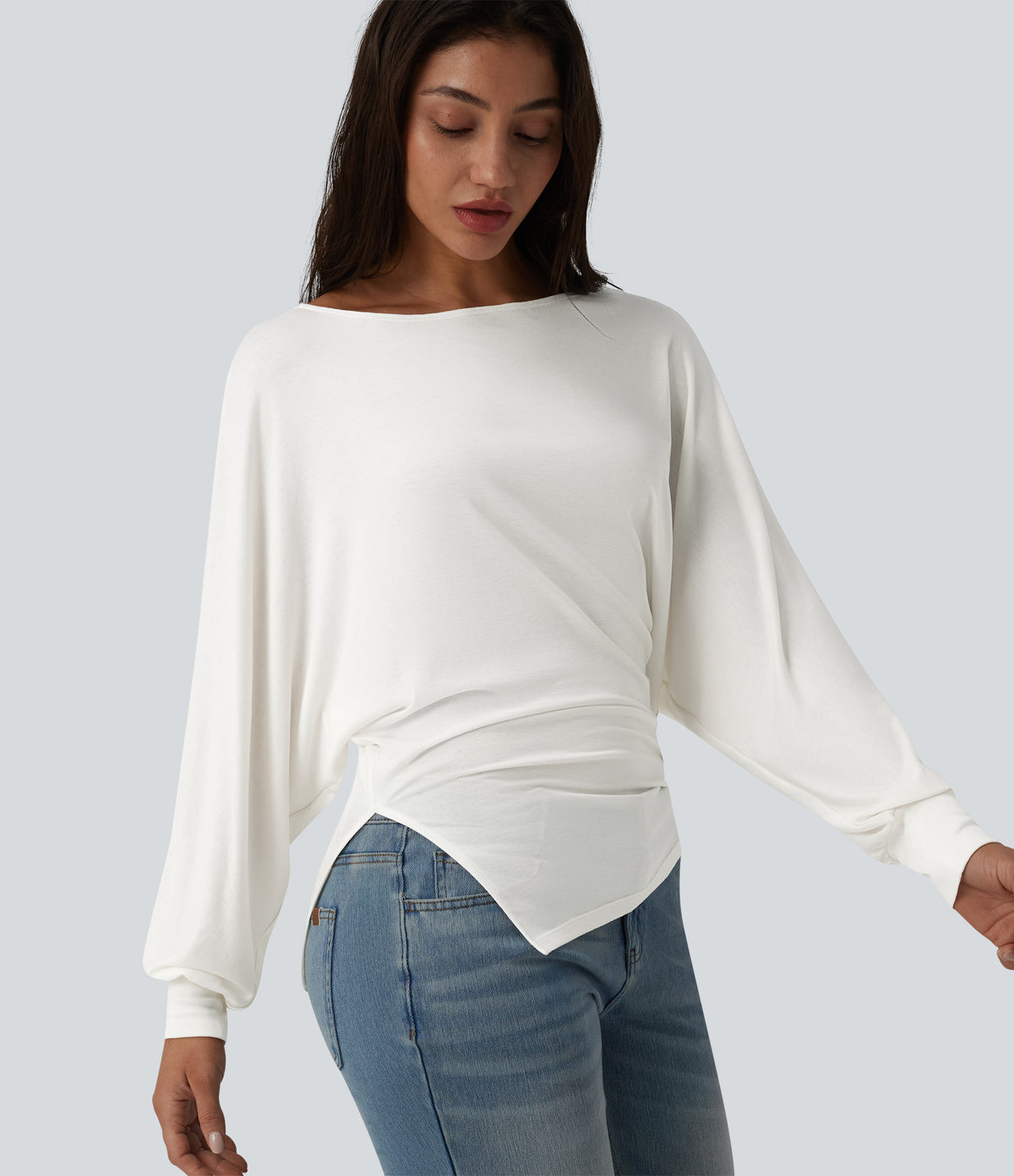 Ribbed Knit Boat Neck Batwing Long Sleeve Split Ruched Hem Casual Top — Frost White — view 1