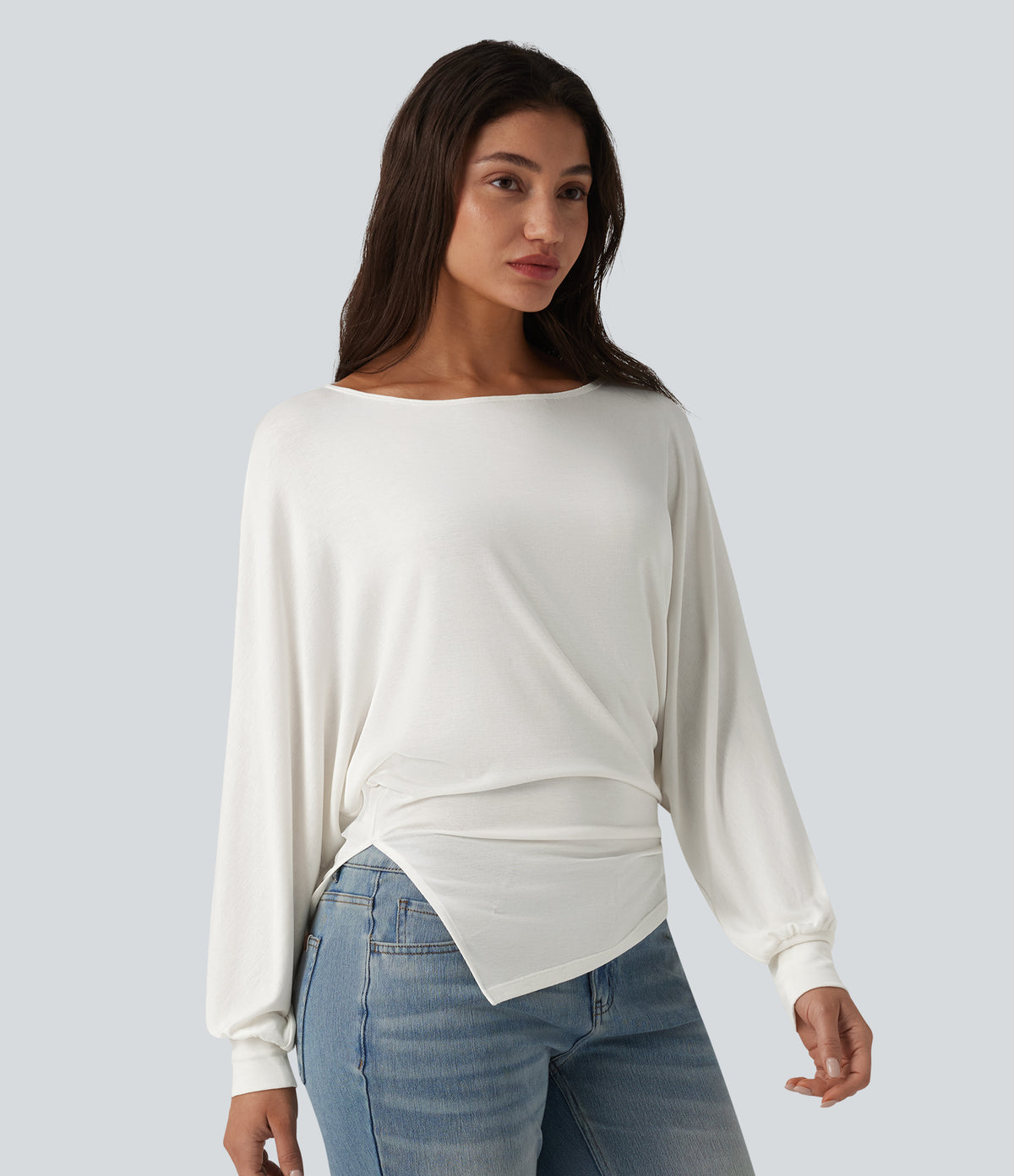 Ribbed Knit Boat Neck Batwing Long Sleeve Split Ruched Hem Casual Top — Frost White — view 4