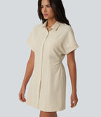 Short Sleeve Mini Work Shirt Dress with Pocket — Almond Milk — view 5