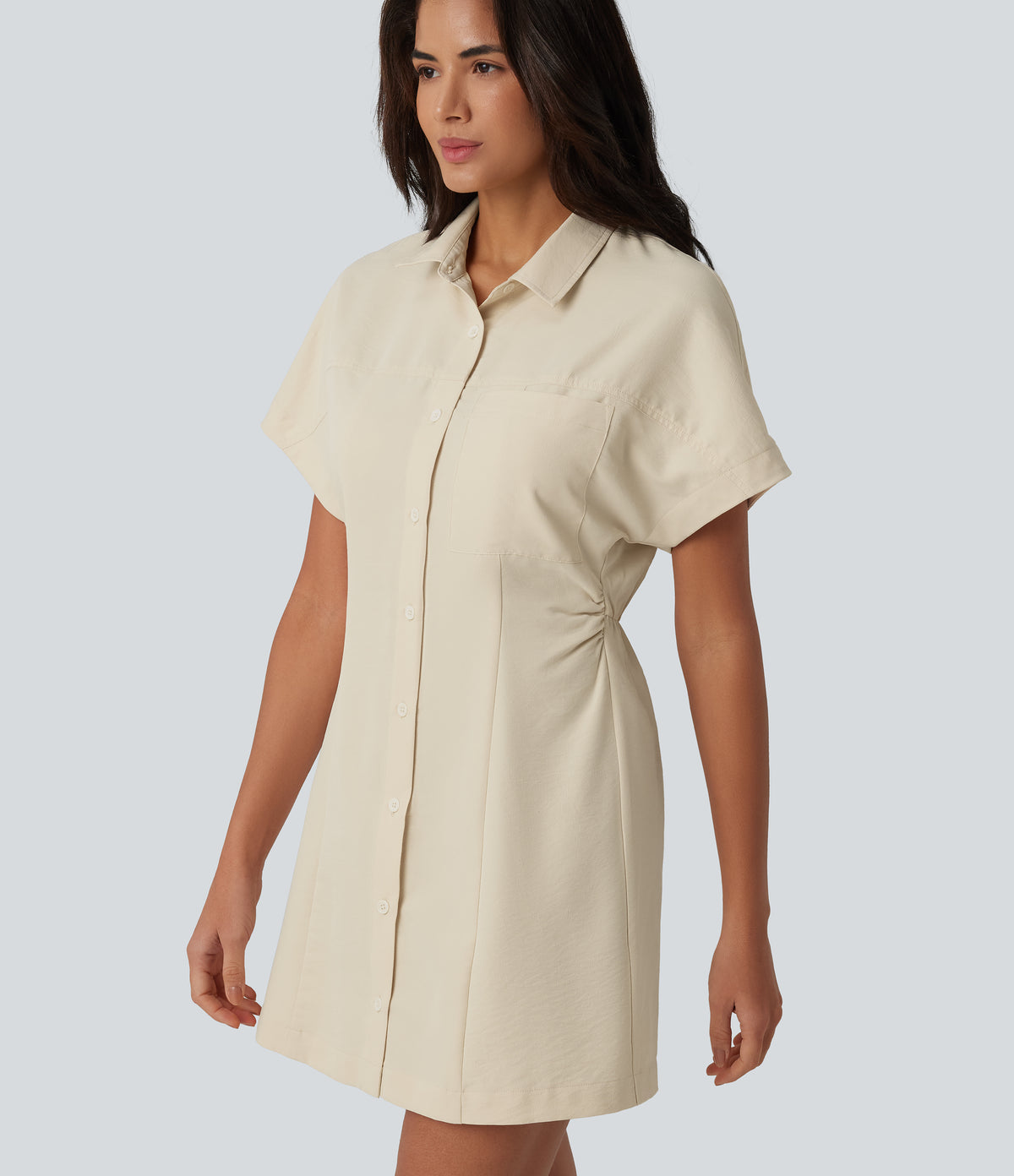 Short Sleeve Mini Work Shirt Dress with Pocket — Almond Milk — view 5